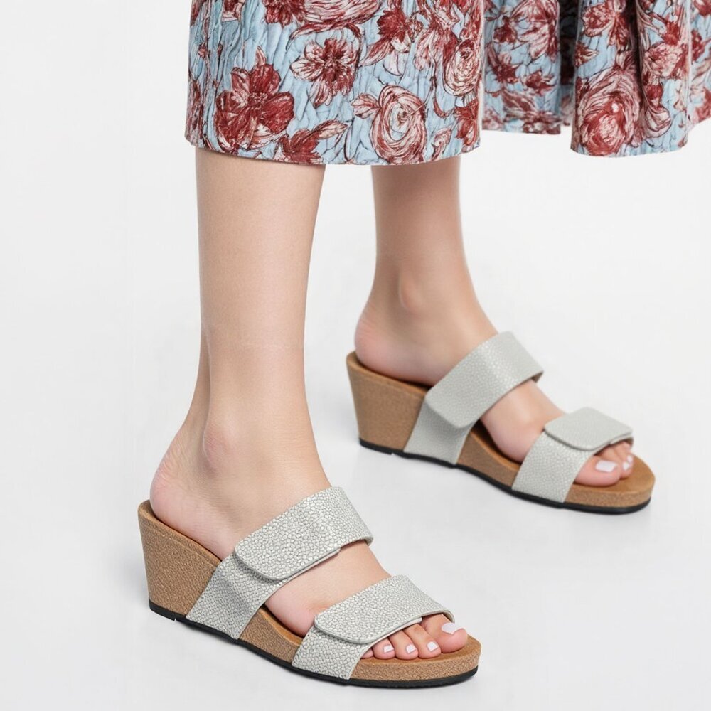 Browns Silver Metallic Leather Wedge Sandals Slide Suede Footbed Cork Spain